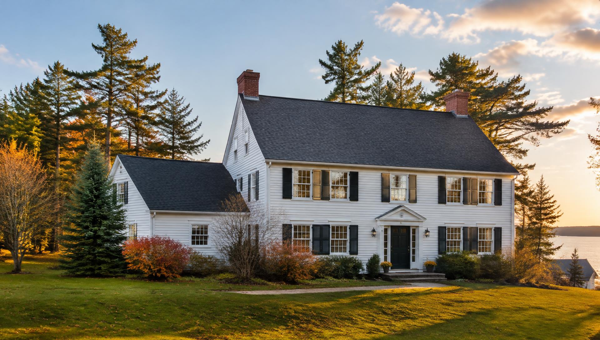 Maine colonial home with a new charcoal shingle roof